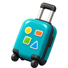 A teal carry-on suitcase with stickers