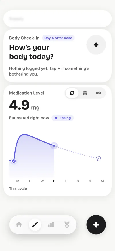 PenPal treatment screen with an Ozempic medication level chart, last 1 mg dose and next dose countdown.