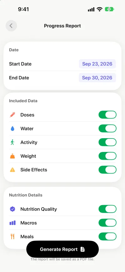 PenPal progress report settings with doses, water, activity, weight, side effects and nutrition included.
